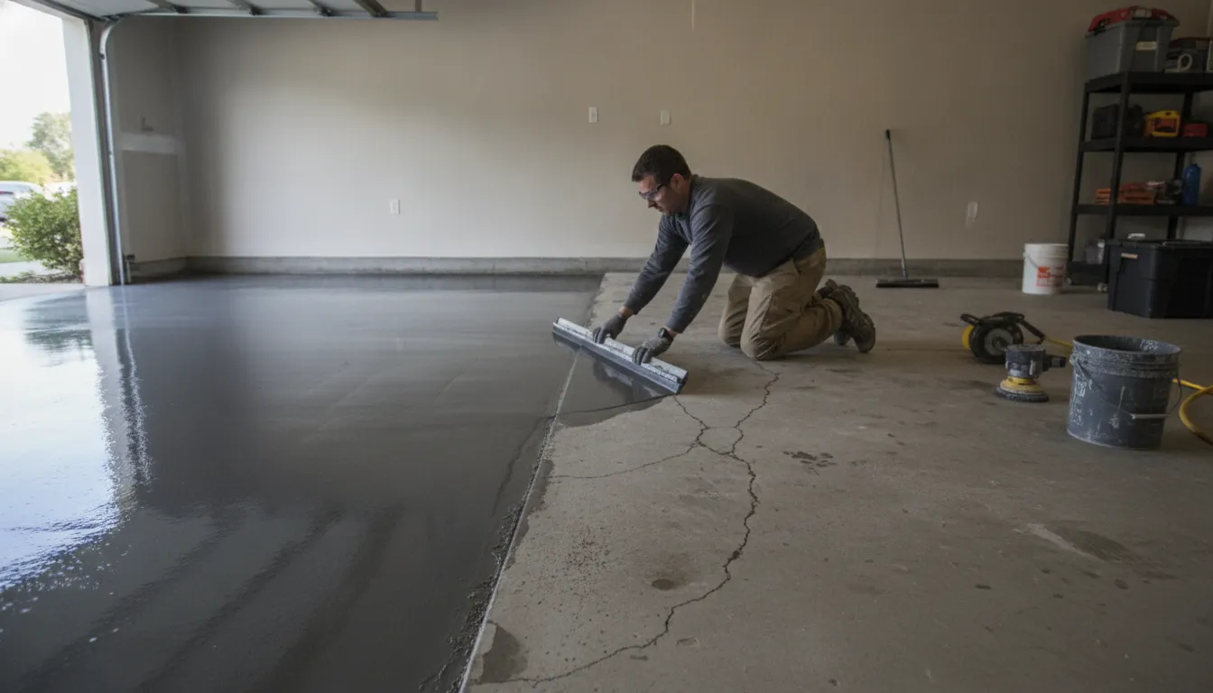 Professional applying a fresh smooth floor coating over previously worn garage concrete