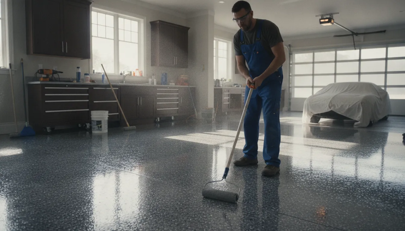Professional installer applying a glossy polyaspartic garage floor coating in a clean residential garage
