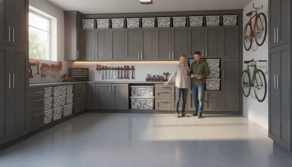 Custom garage cabinets installed in an organized residential garage