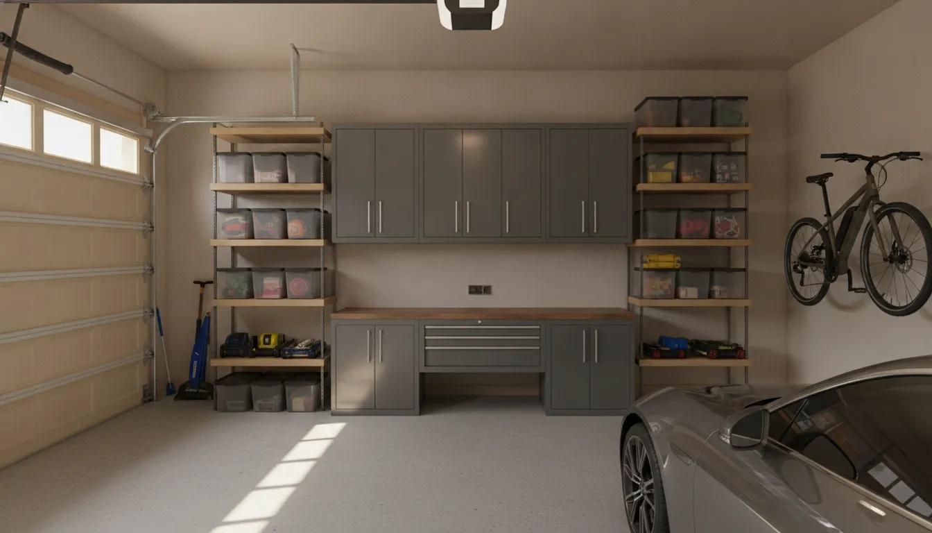 Organized garage with steel cabinets and open shelving
