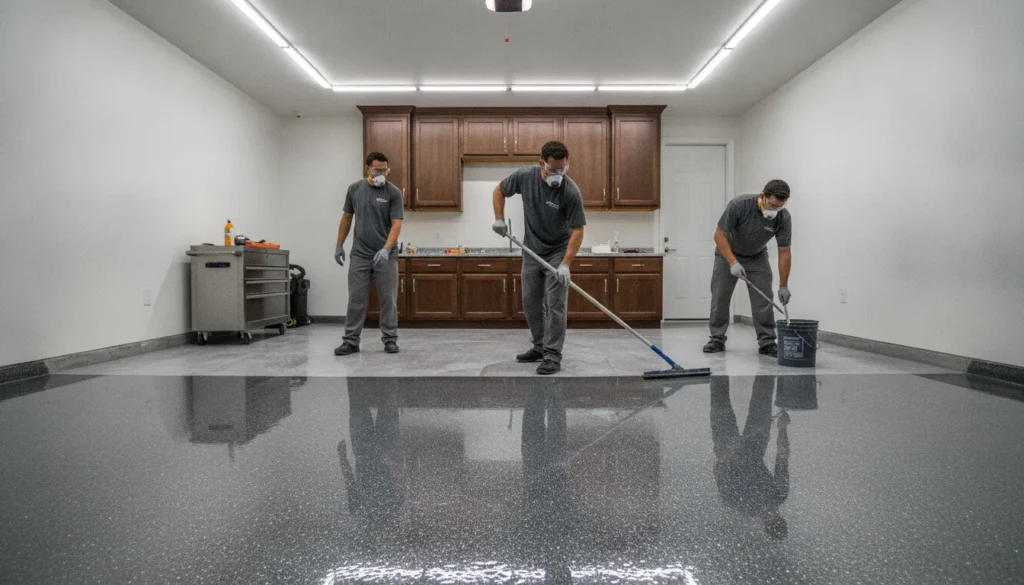 Professional installer applying a glossy polyaspartic floor coating in a clean residential garage