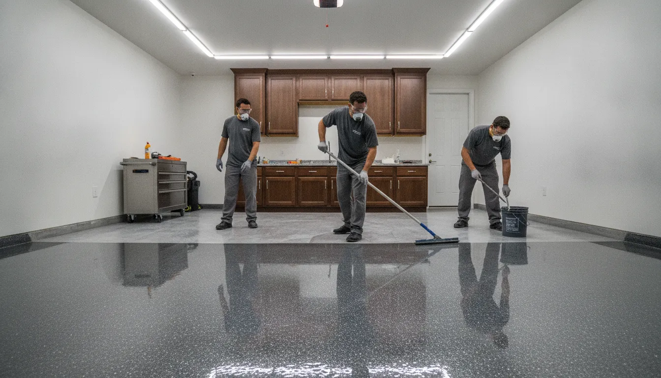 Professional installer applying a glossy polyaspartic floor coating in a clean residential garage