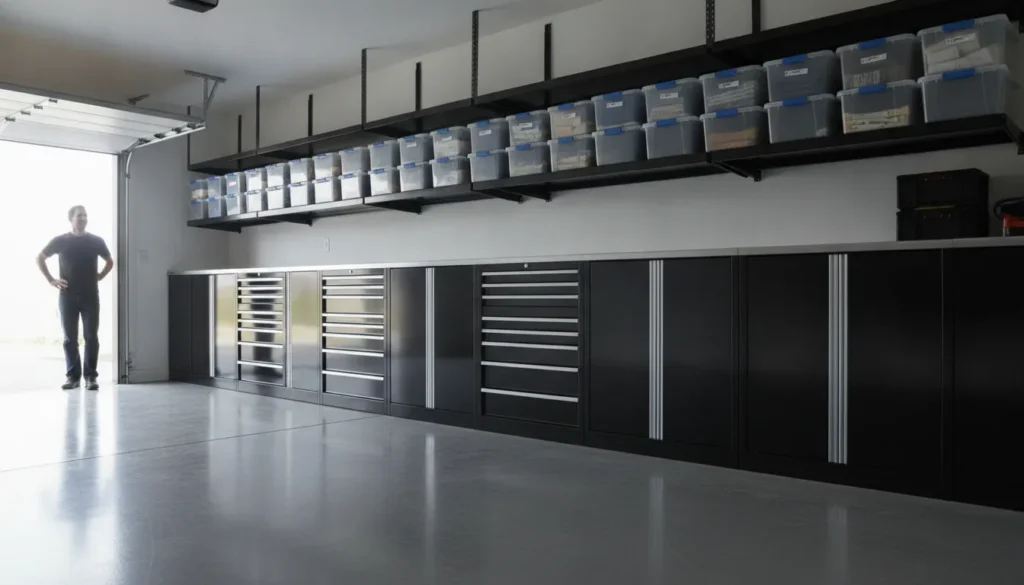 An organized residential garage with steel storage cabinets, overhead ceiling racks holding bins, and a clean sealed floor