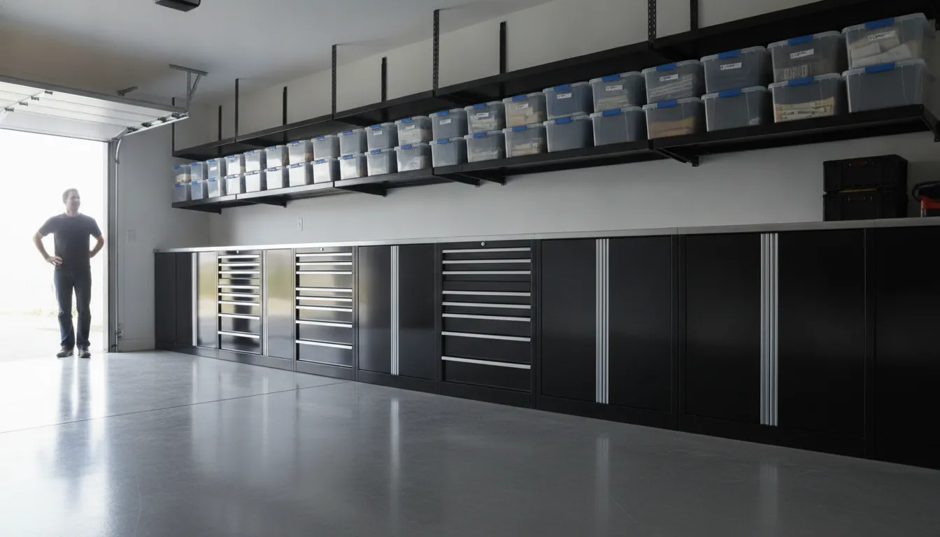 An organized residential garage with steel storage cabinets, overhead ceiling racks holding bins, and a clean sealed floor