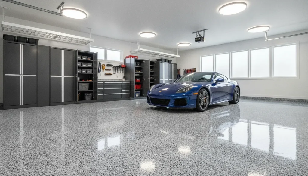 Professional polyaspartic garage floor coating with decorative flake finish and car parked inside
