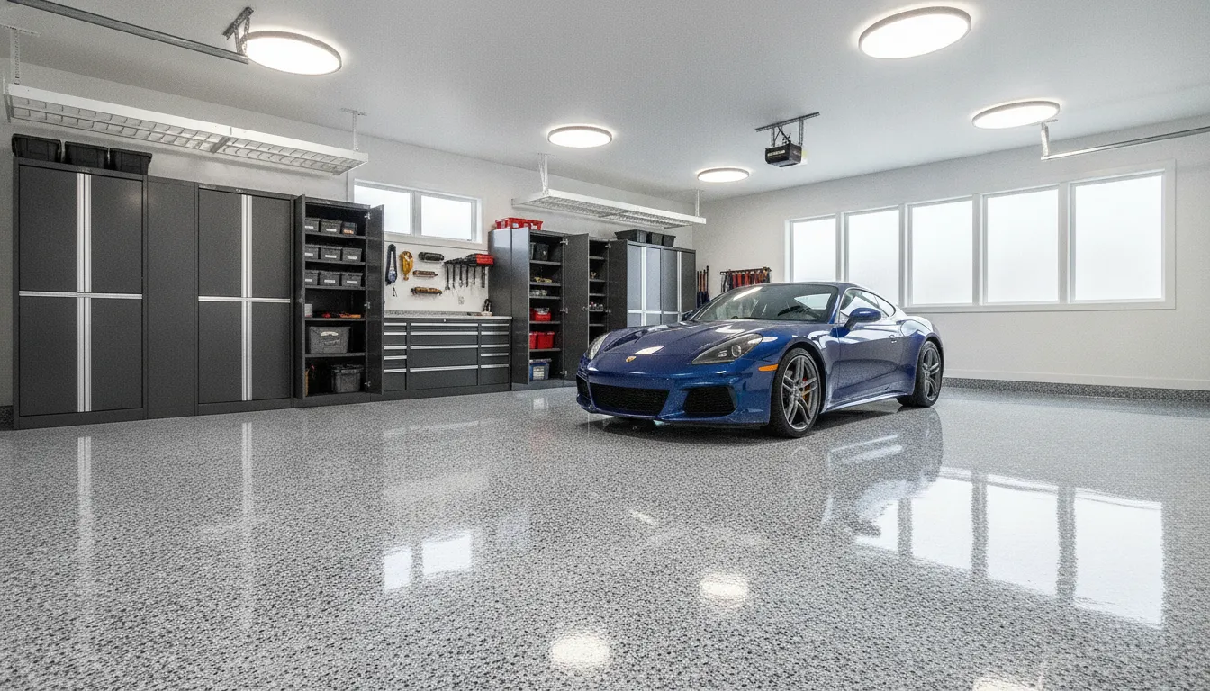 Professional polyaspartic garage floor coating with decorative flake finish and car parked inside