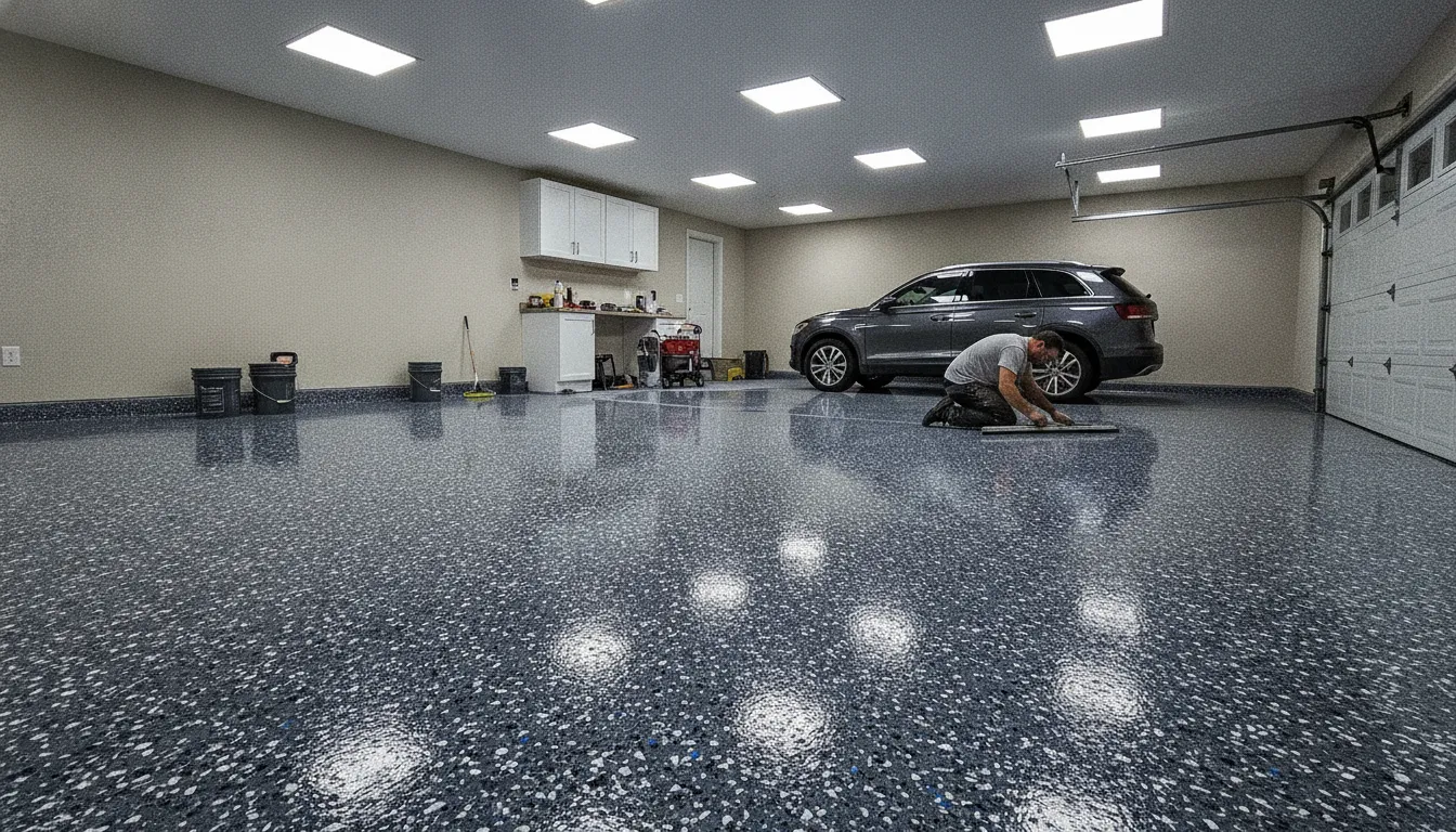 Freshly installed polyaspartic garage floor coating with decorative flakes in a clean residential garage