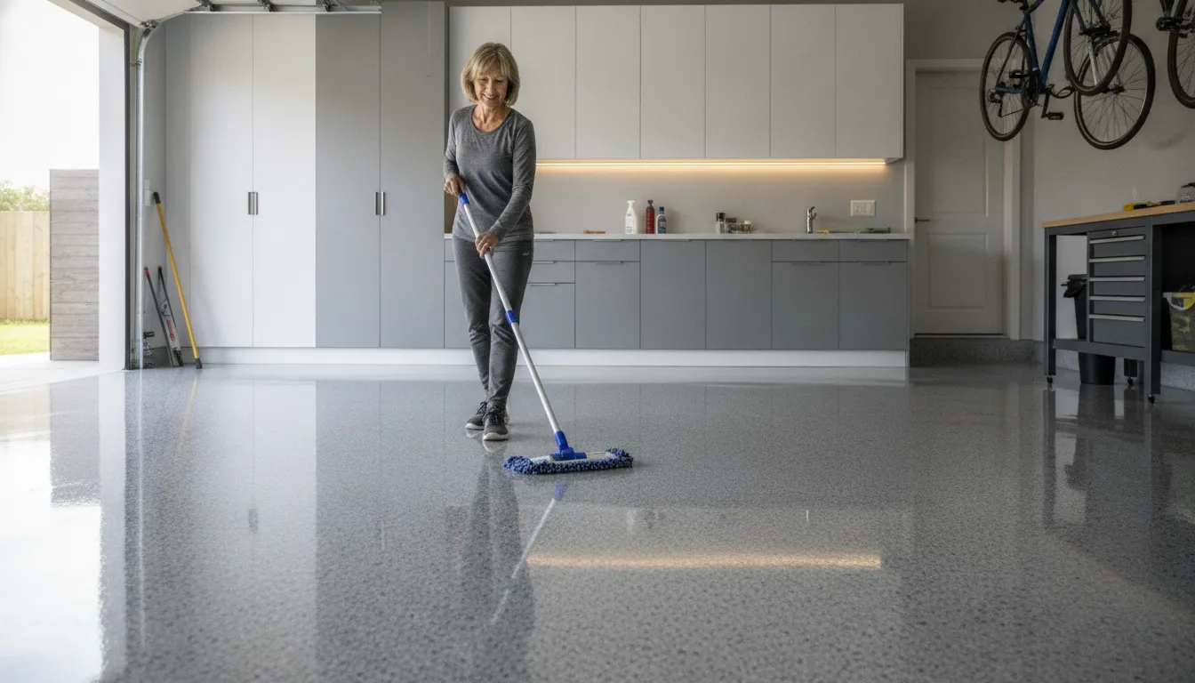 Homeowner mopping a polyaspartic garage floor with a microfiber mop