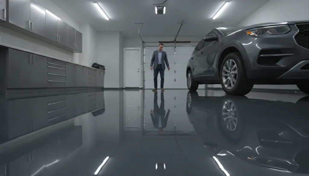 Glossy professional polyaspartic garage floor coating in a clean garage with a parked SUV