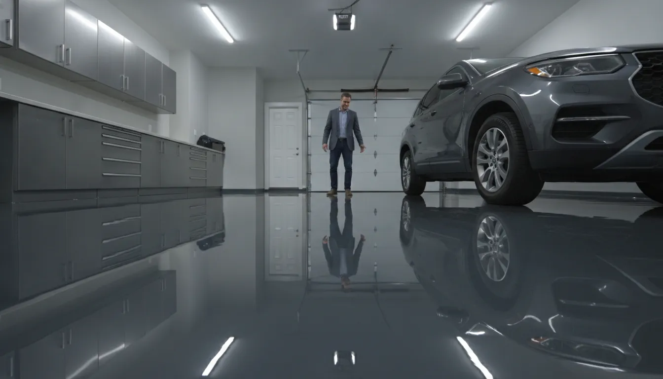 Glossy professional polyaspartic garage floor coating in a clean garage with a parked SUV
