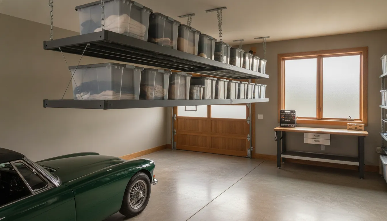 Overhead garage storage rack installed in an organized residential garage