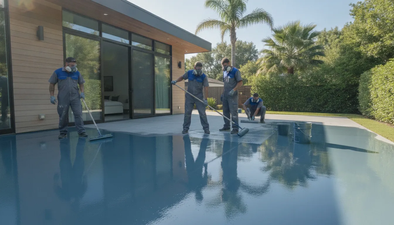 Professional installers applying a glossy polyaspartic patio floor coating to outdoor concrete