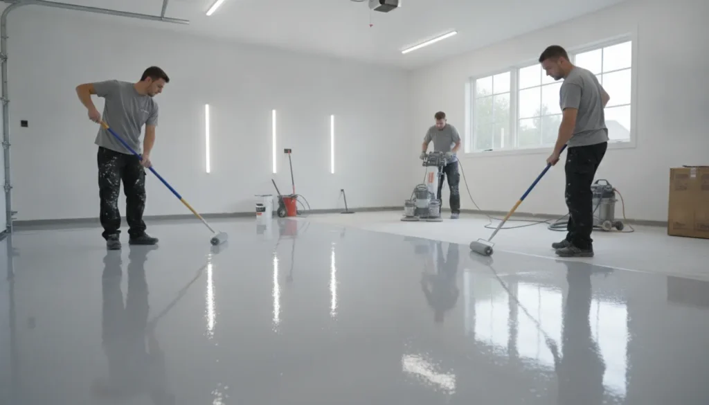 Professional crew applying a glossy polyaspartic garage floor coating in a clean residential garage