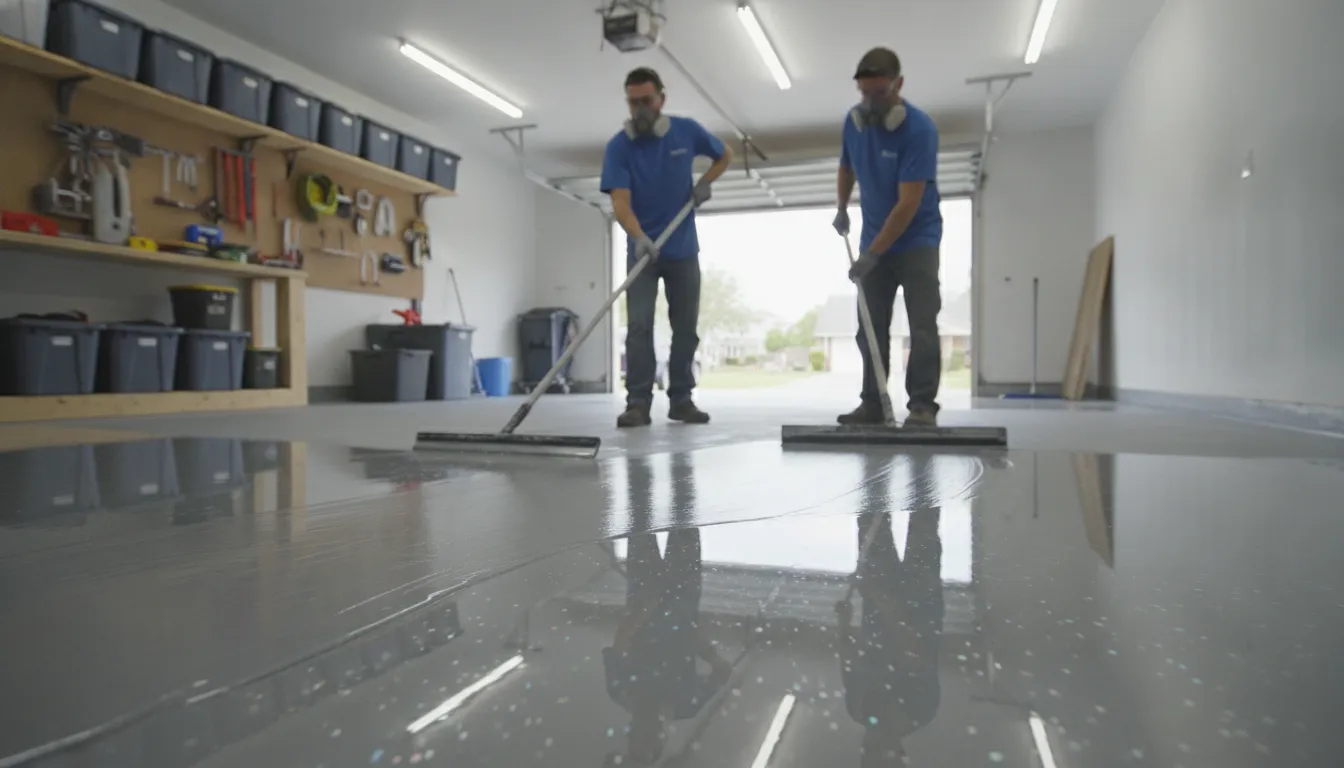 Professional installer applying a glossy polyaspartic garage floor coating in a clean residential garage