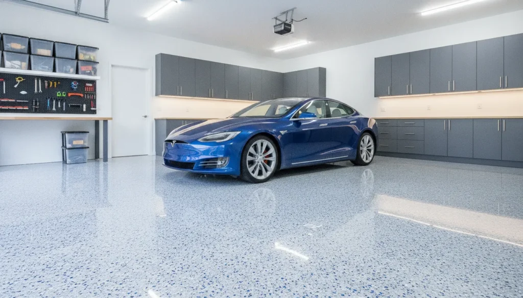 Glossy polyaspartic garage floor coating with decorative flakes and a parked car