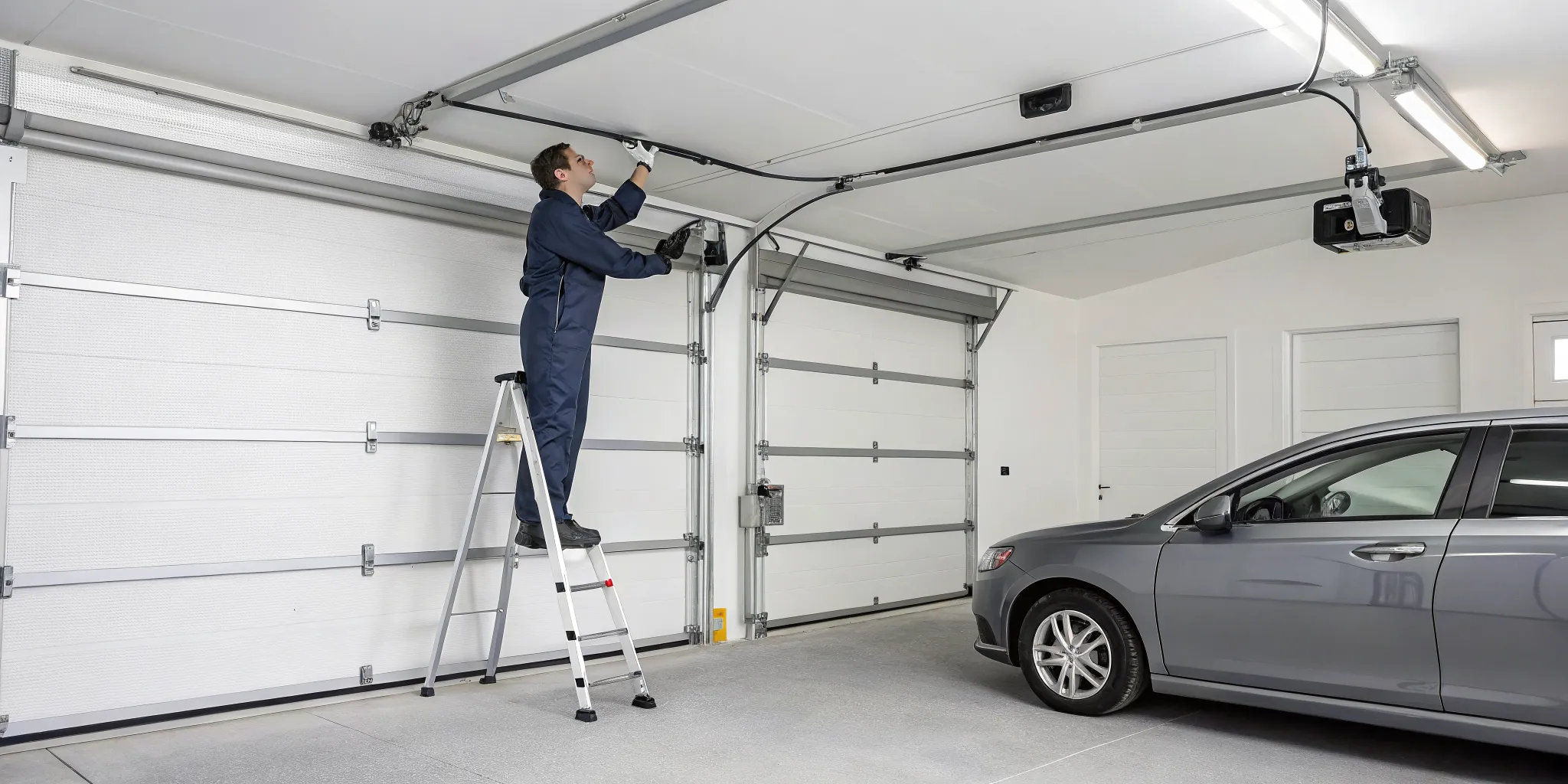 Technician completing a garage door opener replacement in a garage.