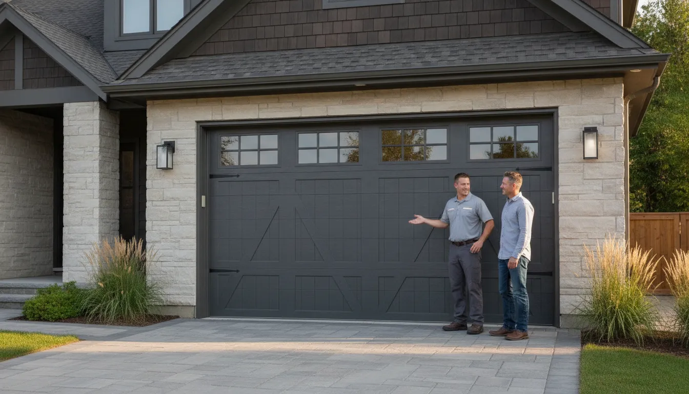 Garage Kings professional discussing a new Amarr garage door with a homeowner