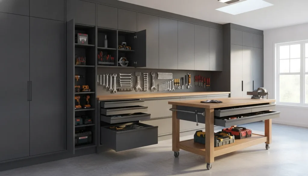 Best garage cabinets for tools arranged in a clean residential garage workspace