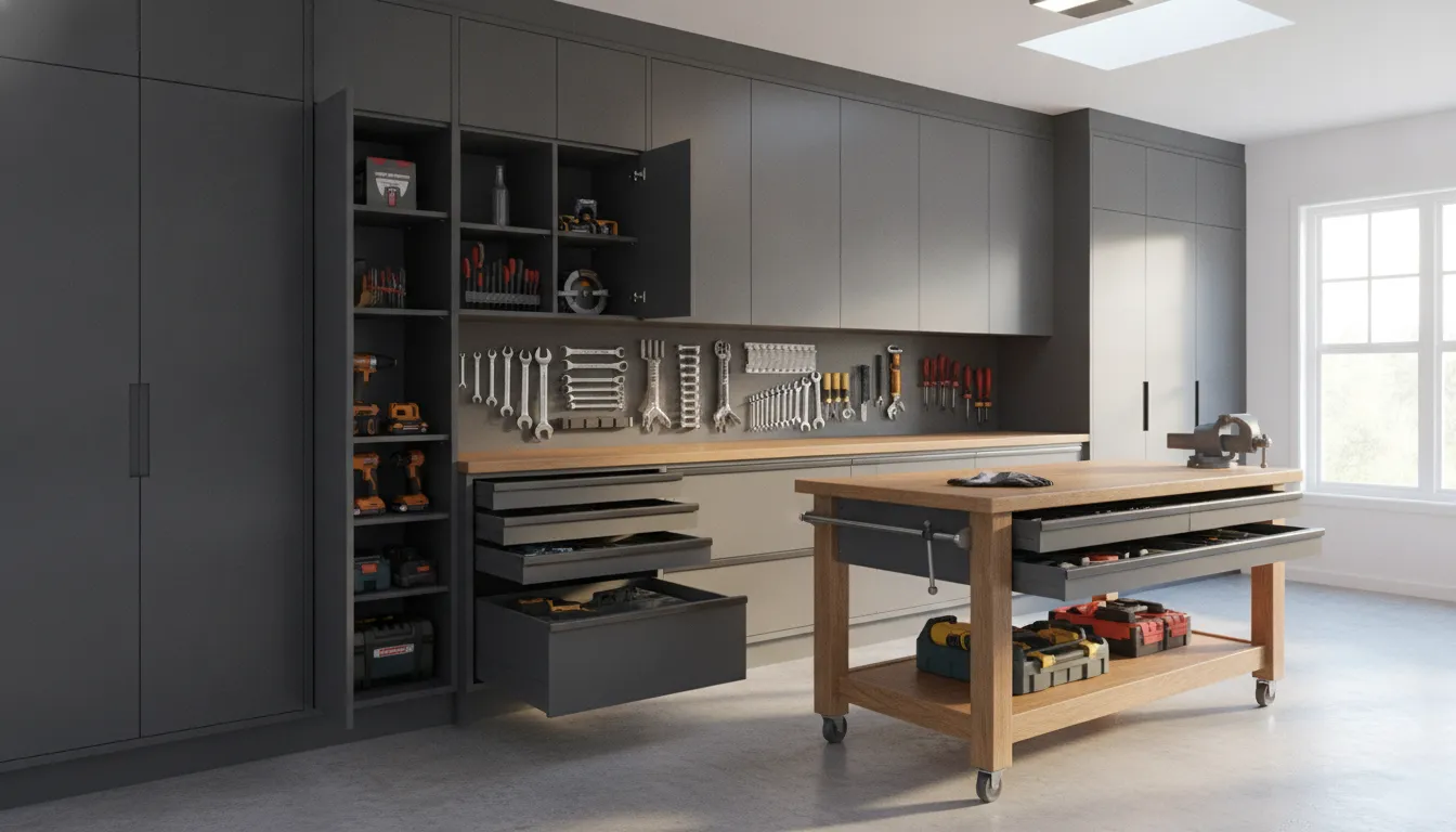 Best garage cabinets for tools arranged in a clean residential garage workspace
