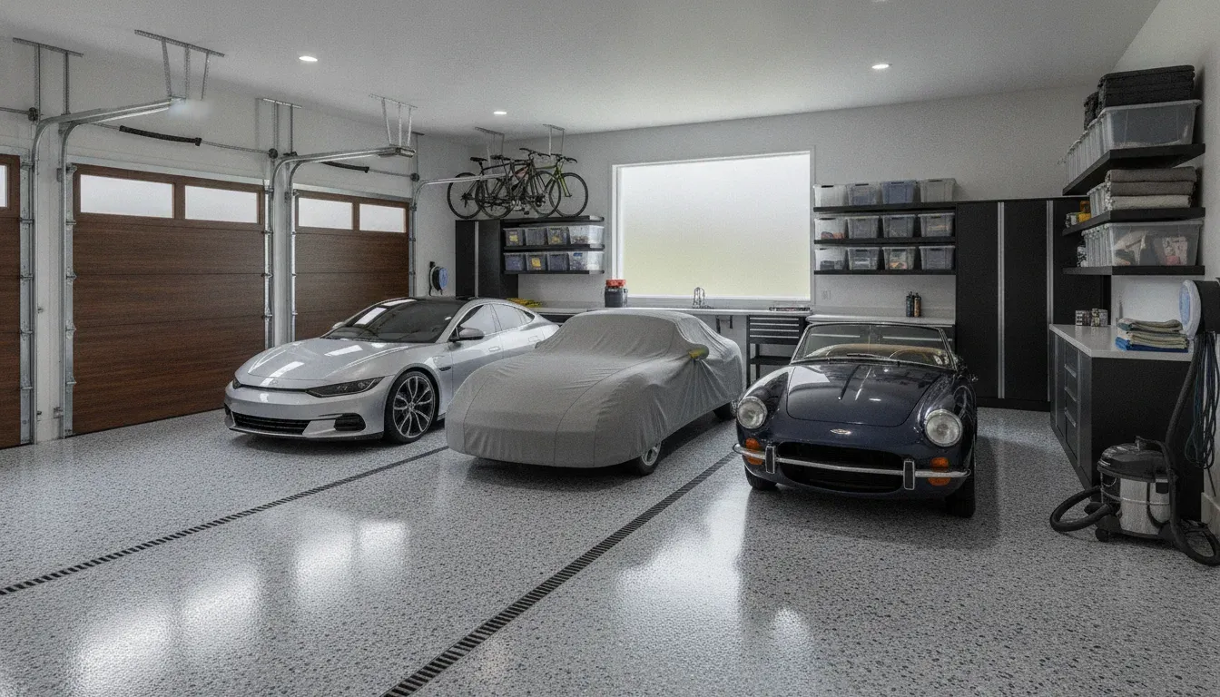 Finished residential garage with a clean decorative concrete floor coating