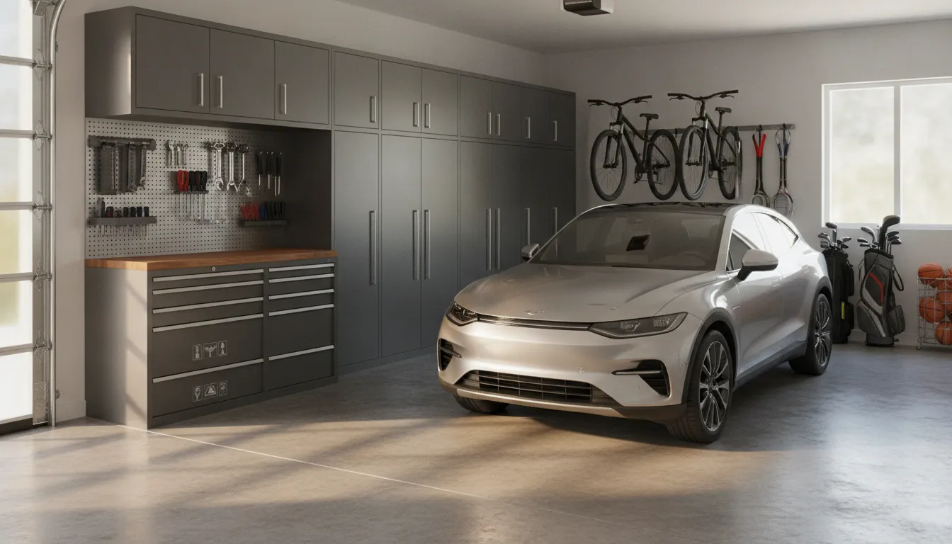 Custom garage cabinets arranged in an organized garage