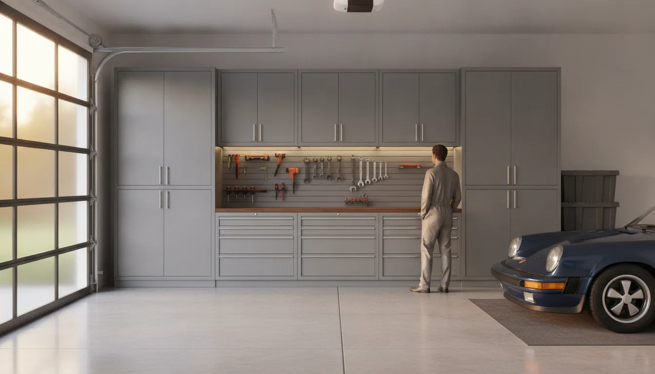 Organized garage with custom steel cabinets and storage