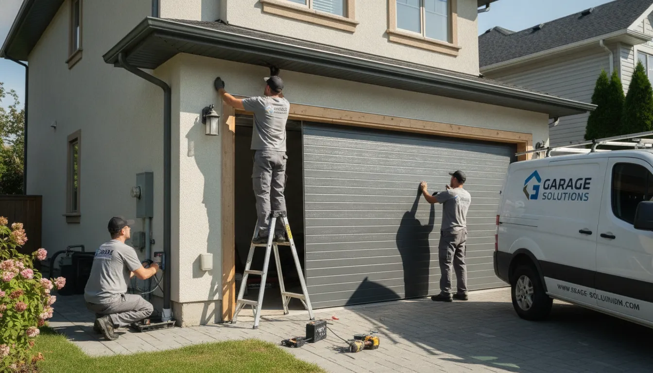Professional garage door installation team installing a modern steel garage door on a residential home