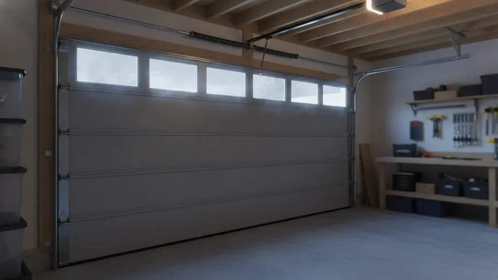 Insulated steel garage door inside a finished attached garage