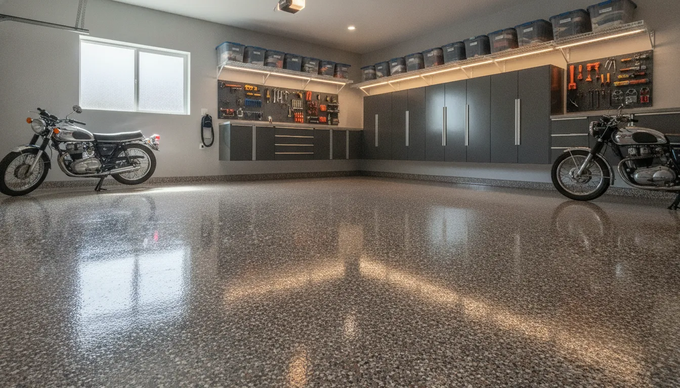 Beautifully transformed garage with glossy polyaspartic floor coating, steel cabinets, and overhead storage racks
