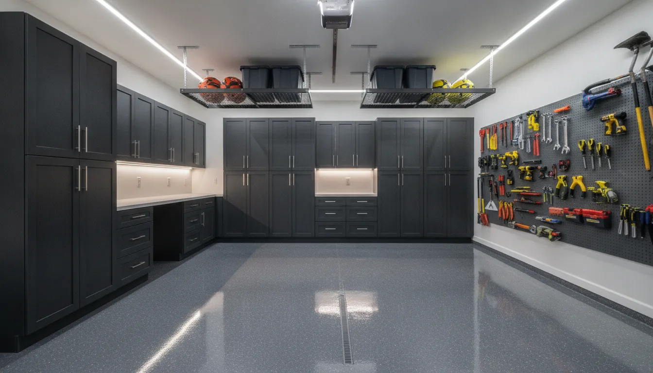 Completed garage makeover with coated floor, cabinets, overhead storage, and bright lighting
