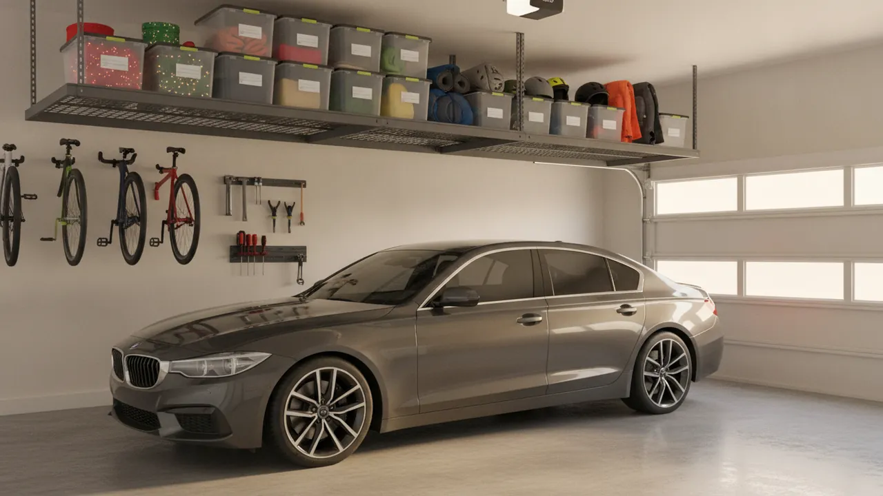 Overhead garage storage rack holding organized seasonal items above a clear garage floor