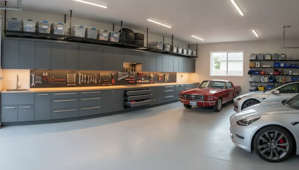 Professional garage storage system with steel cabinets and organization
