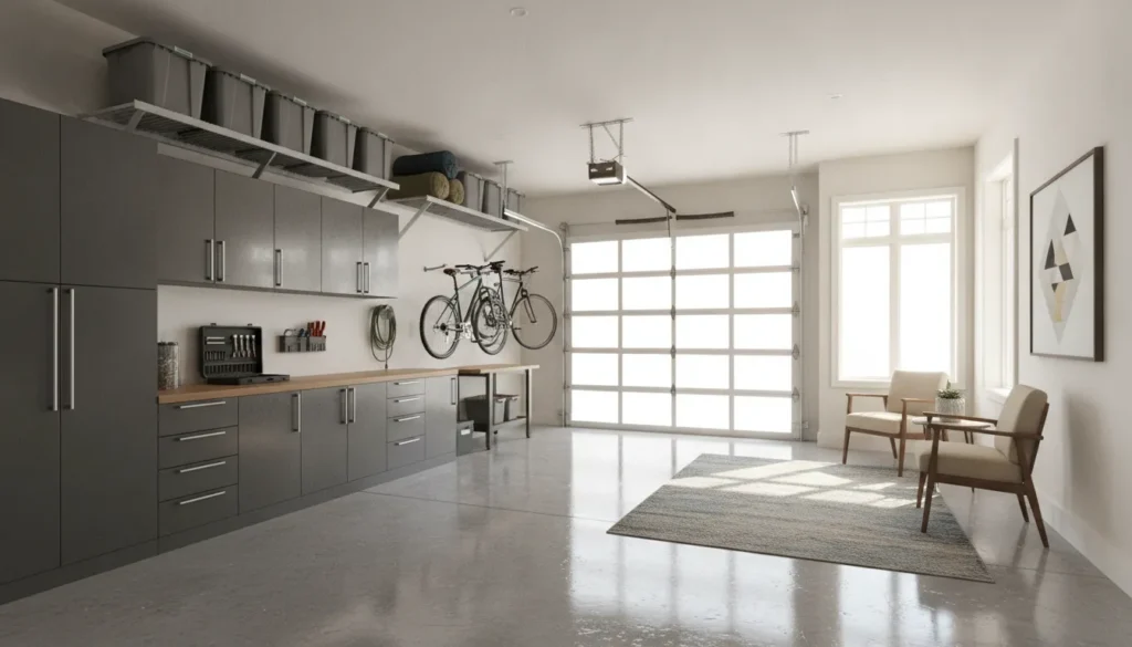 Organized garage with steel cabinets, overhead storage, and a finished floor