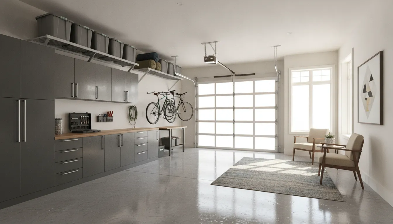 Organized garage with steel cabinets, overhead storage, and a finished floor