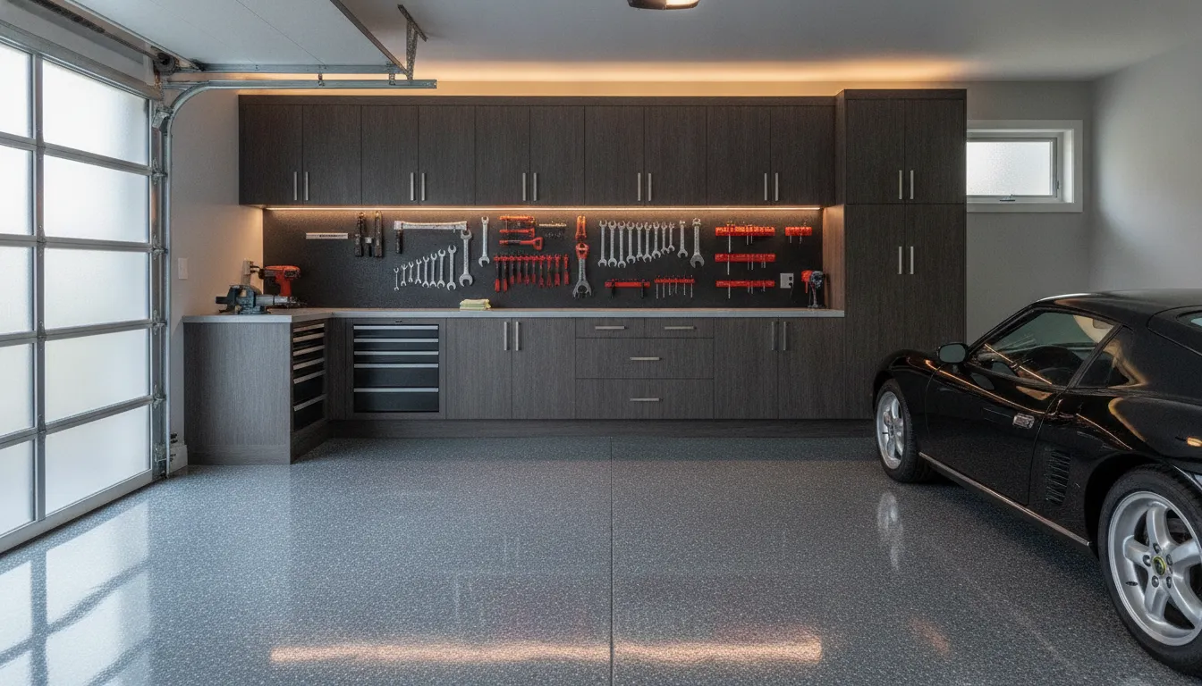 Finished garage with decorative floor coating and organized storage