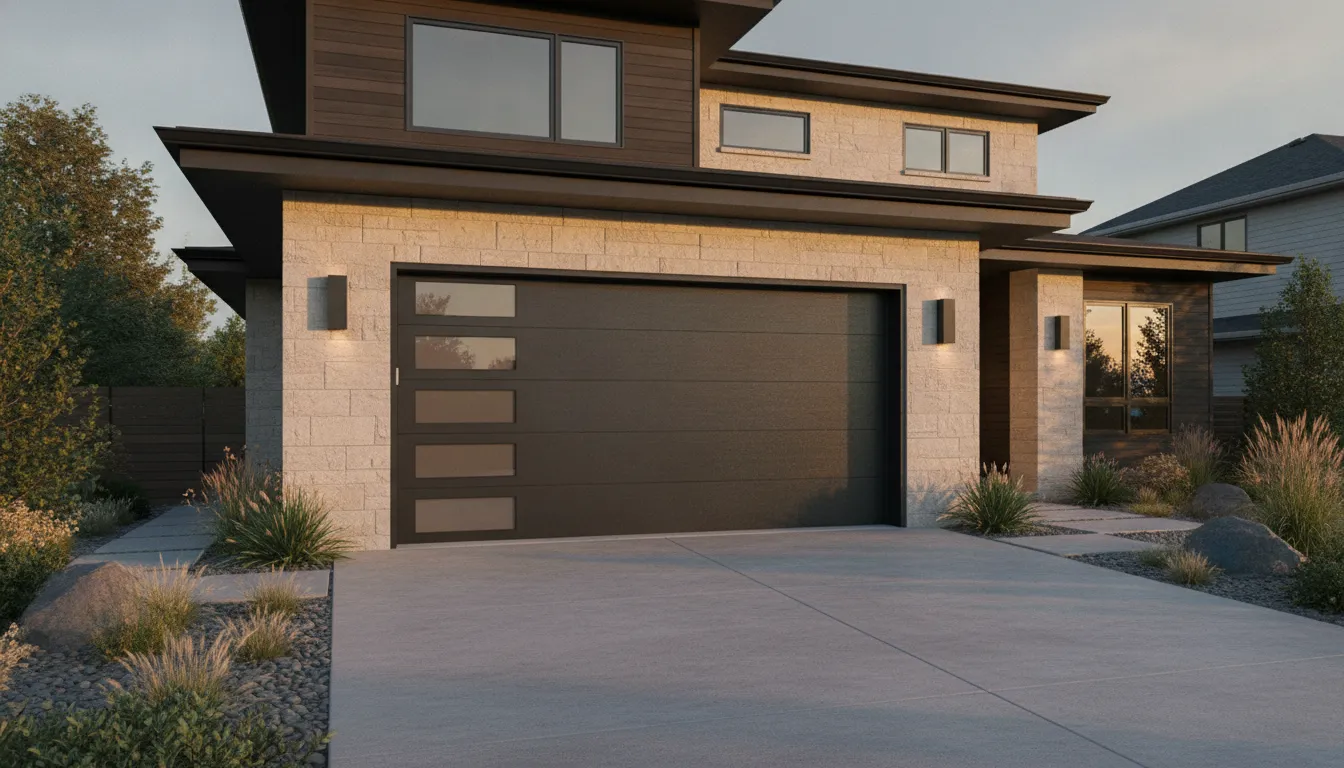 Modern residential garage door on a finished suburban home