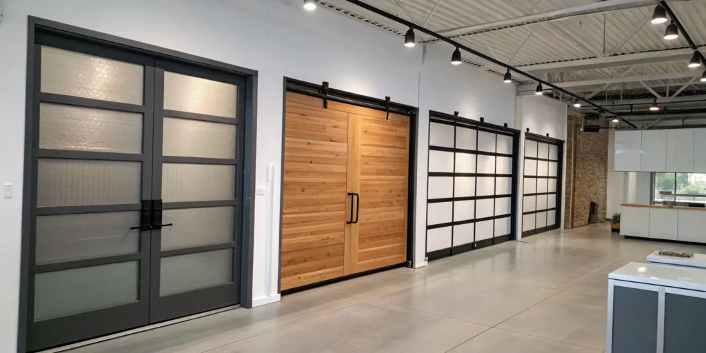 New garage doors in various styles and materials to help compare the total cost.