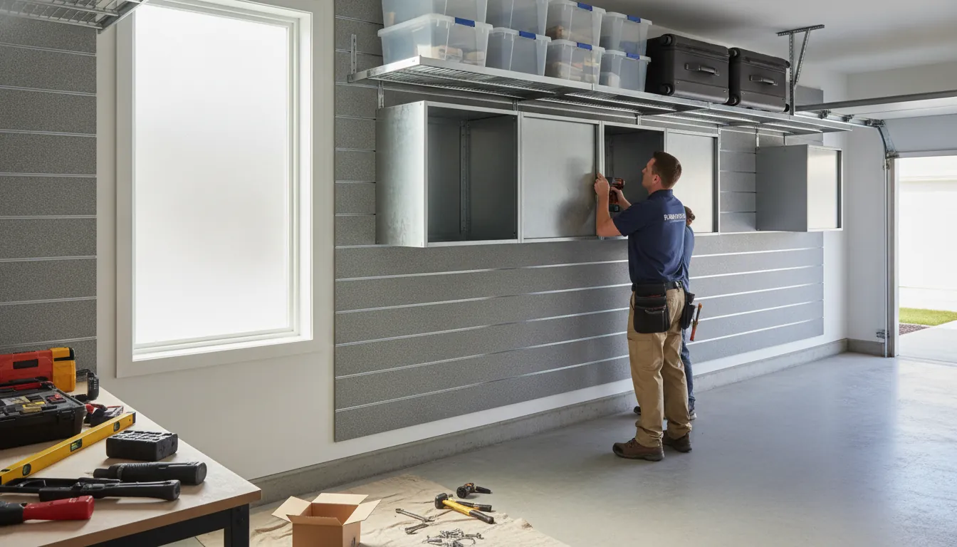 Professional garage storage installation with steel cabinets and overhead racks