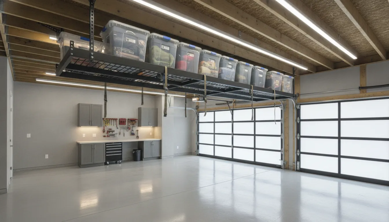 Professionally installed overhead garage storage rack with secured bins