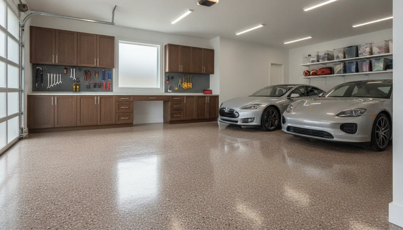 Modern garage with professionally installed polyaspartic floor coating featuring decorative flake blend
