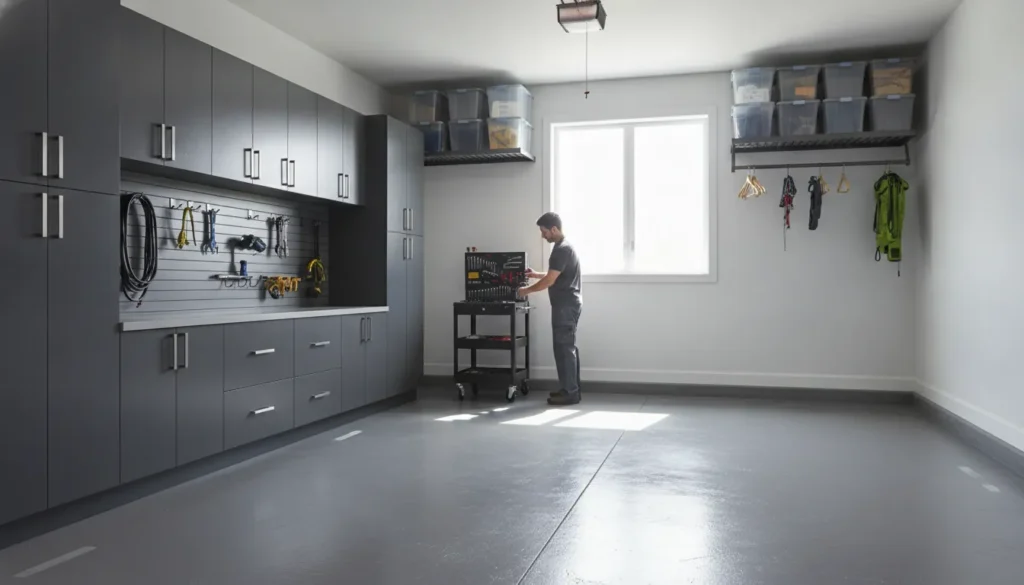 Small garage storage ideas with wall cabinets, overhead racks, and a clear parking path
