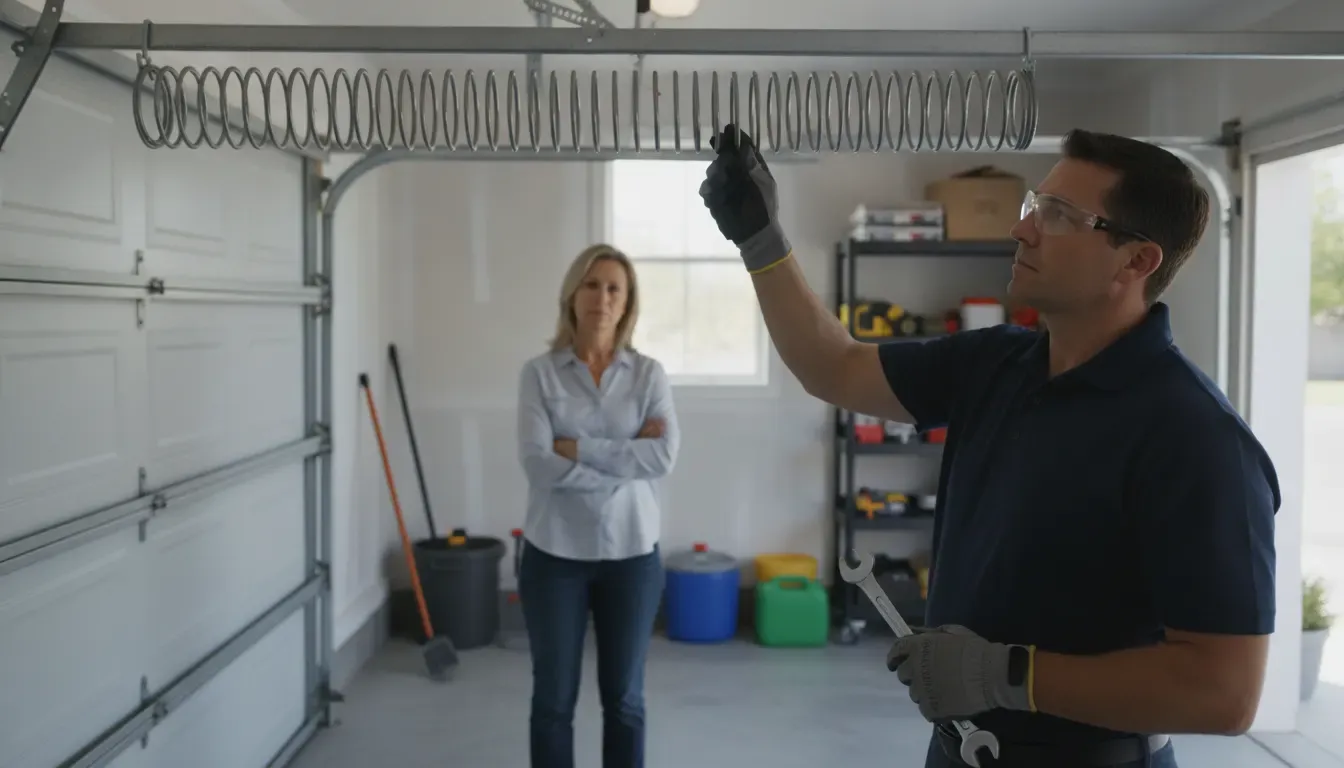 Technician safely inspecting a torsion garage door spring