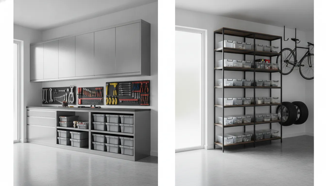 Wall-mounted and freestanding garage storage in an organized garage