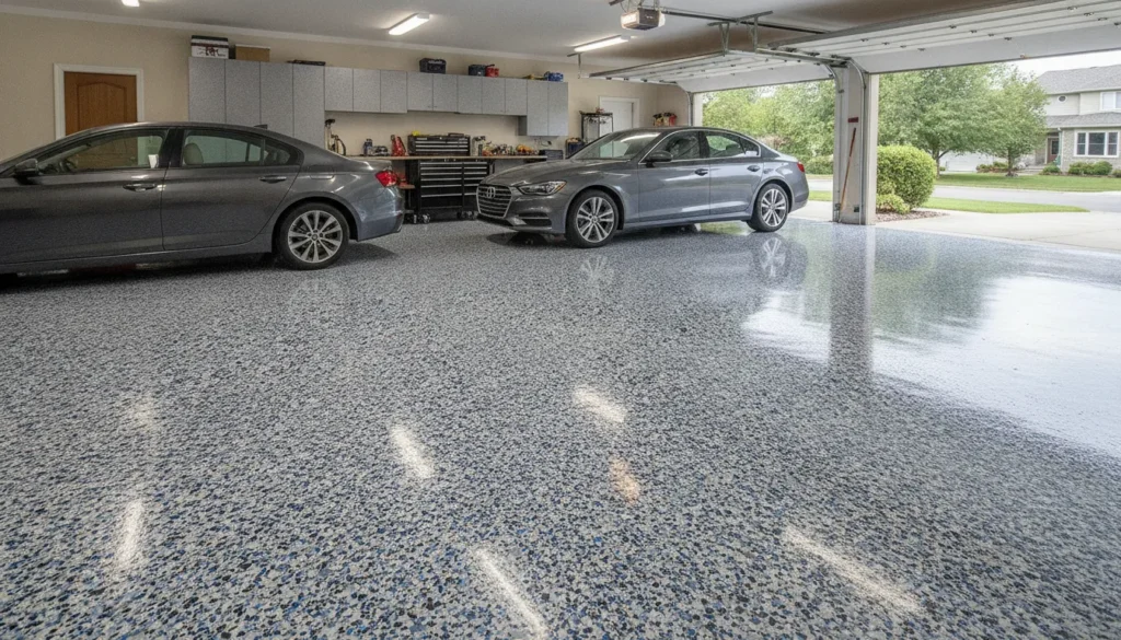 Glossy polyaspartic floor coating with decorative flakes in a residential garage