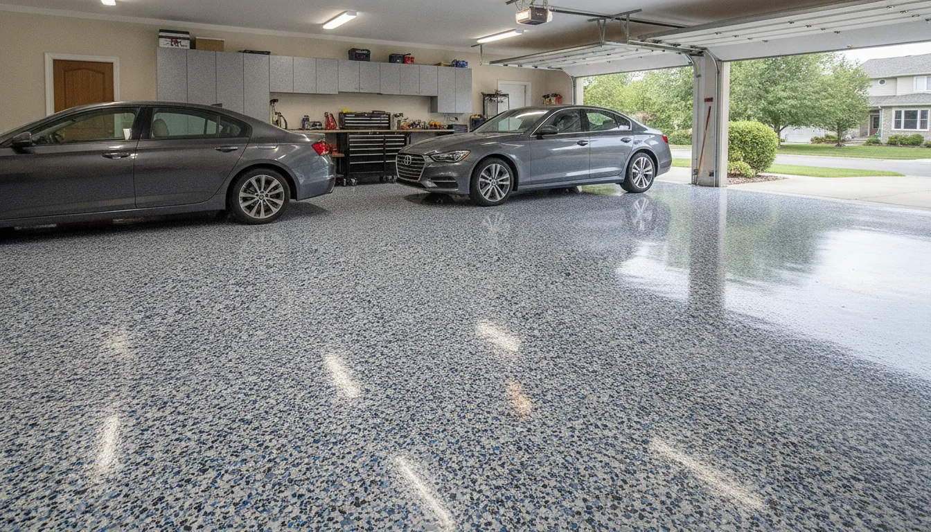 Glossy polyaspartic floor coating with decorative flakes in a residential garage