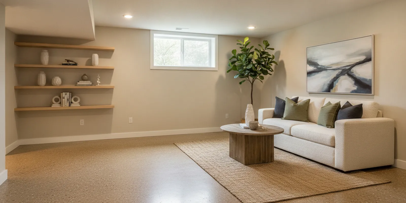 Finished basement with a clean, decorative coated concrete floor