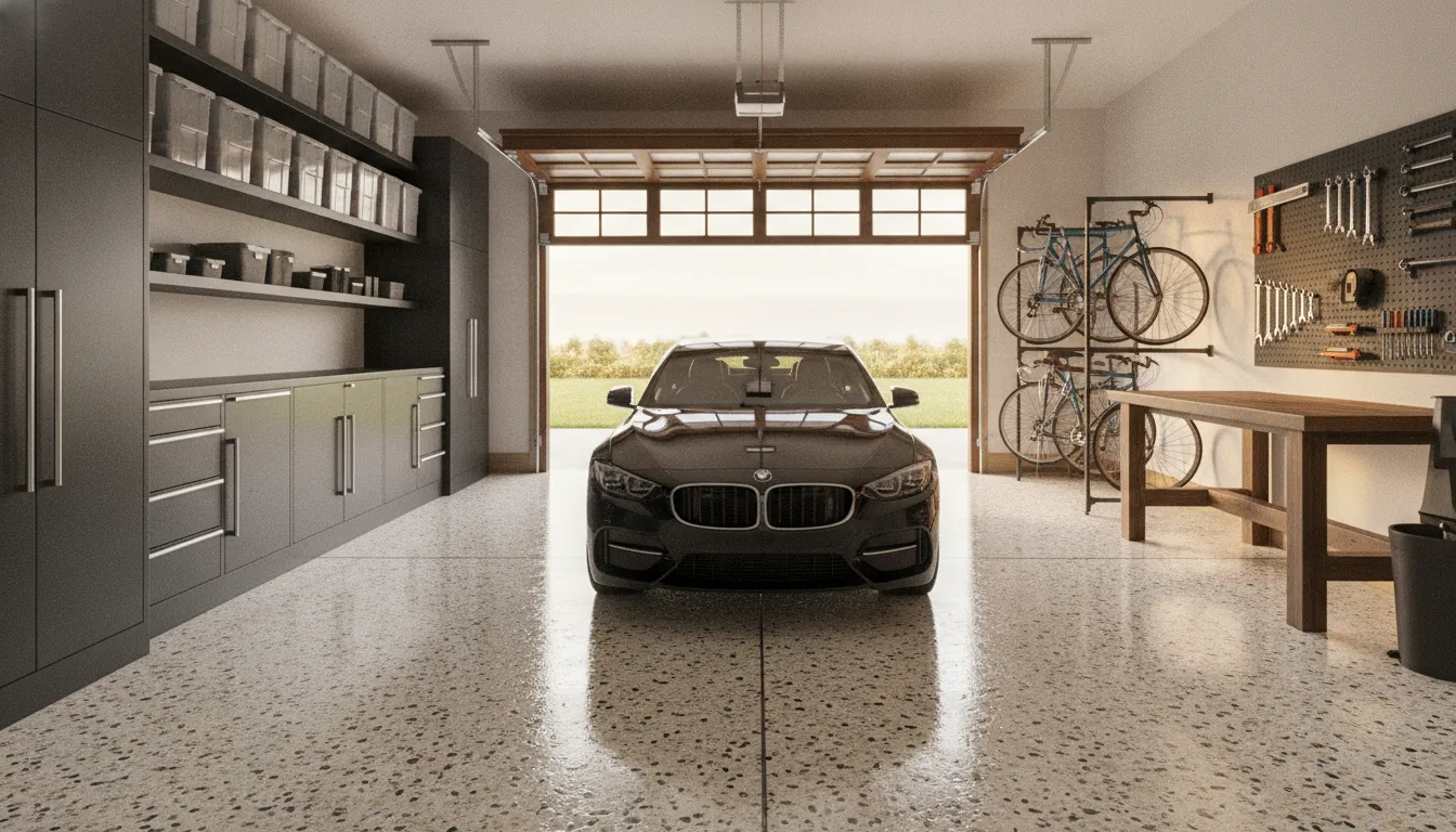 Decorative flake epoxy floor in a finished residential garage