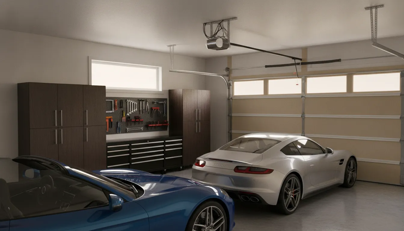 New garage door opener installed in a clean residential garage
