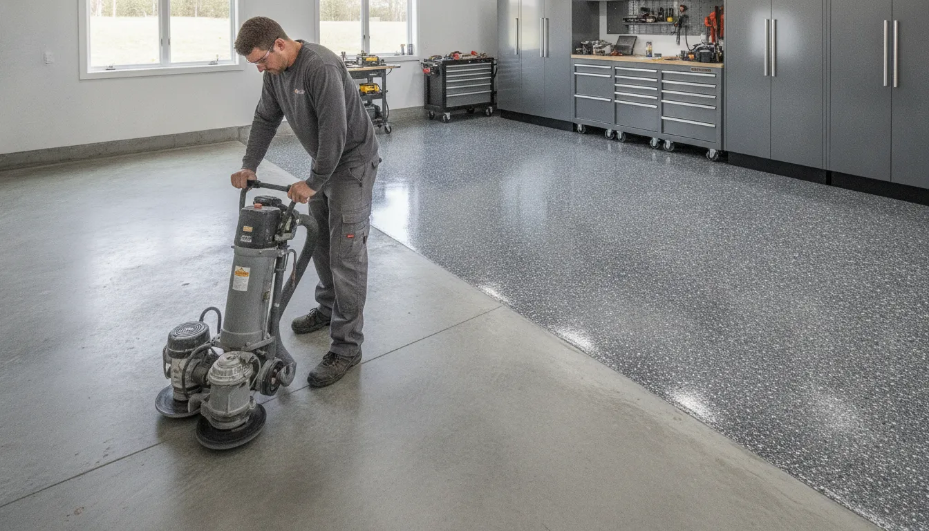 Professional diamond grinding and finished decorative flake garage floor installation