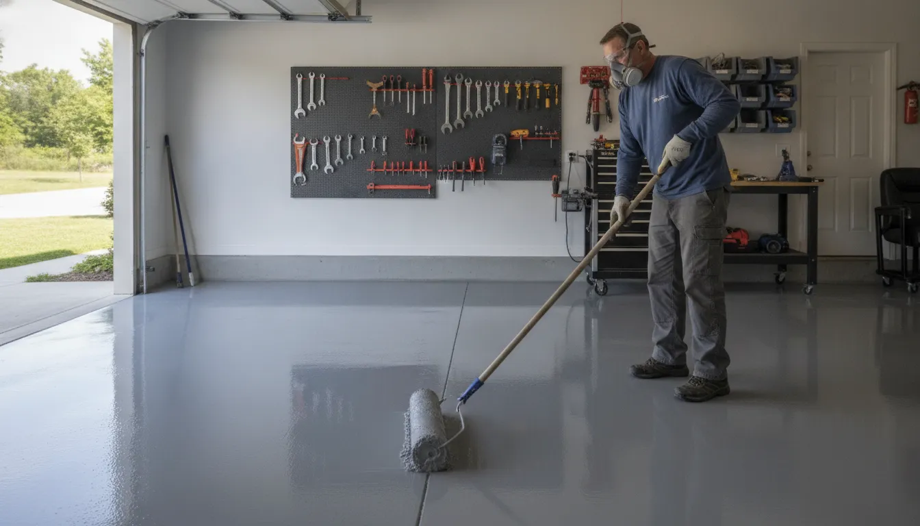 Installer applying a garage floor epoxy coating